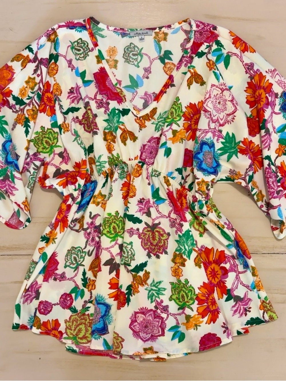 white birch Cream V-Neck Floral Tunic with Multicolor Print